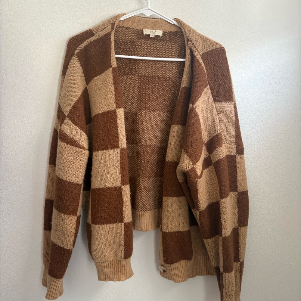 Easel Tan and Brown Checkered Cardigan